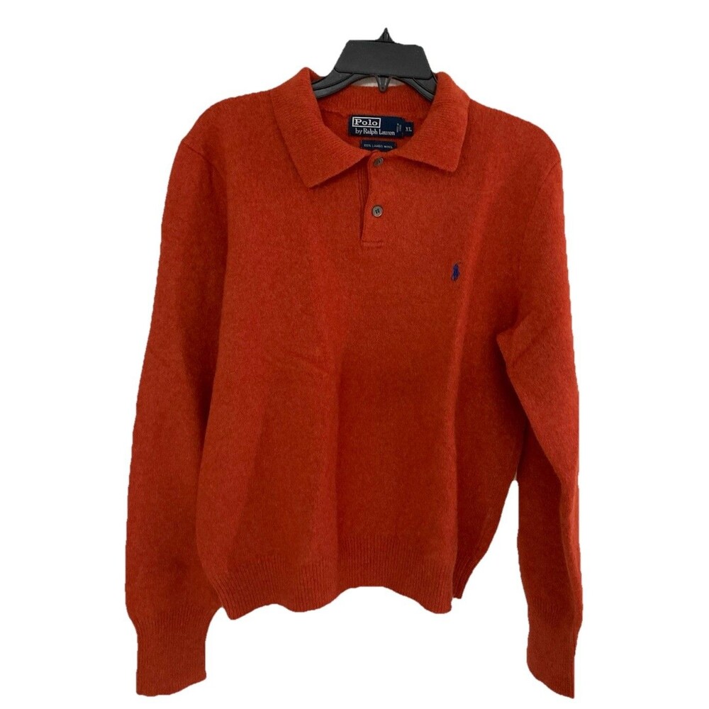 Men's VTG Polo Ralph Lauren Lambswool Sweater 2-Button Collared Orange Size XL